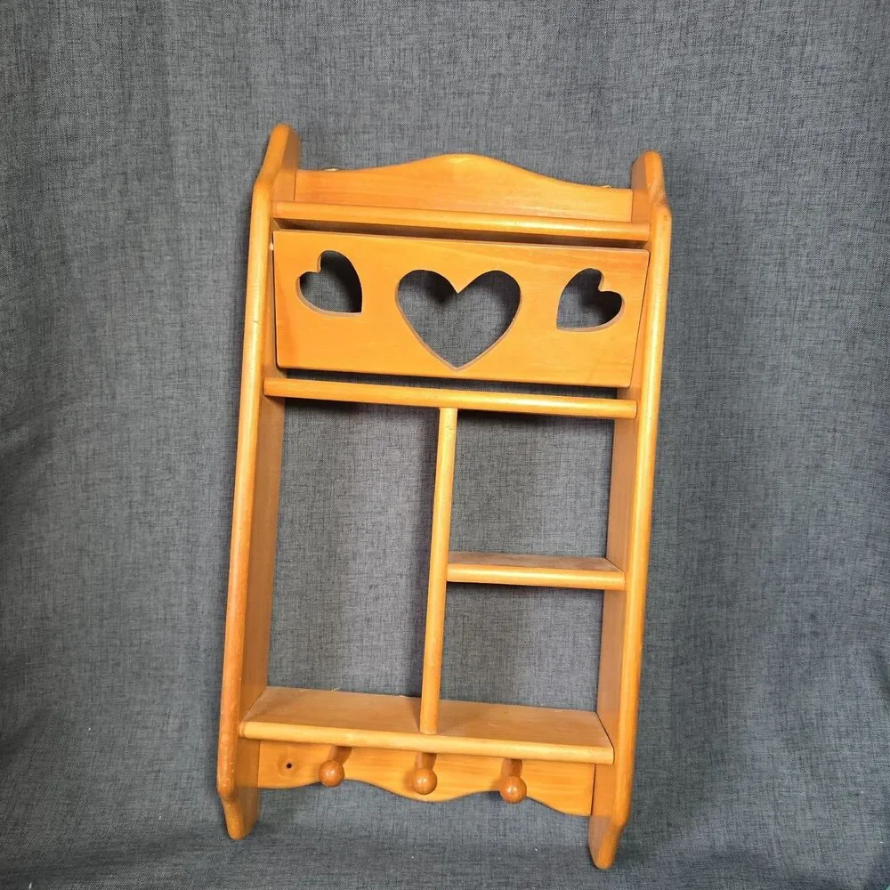 Vtg Wood Wall Shelf Curio Shadow Box Heart Dividers Display Country Cottage Core